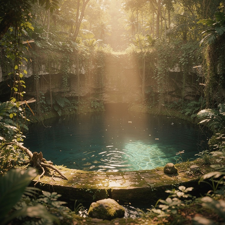 Cenote opening in dense jungle, sunlight piercing down to cl... | ShopAyahuascaRetreats