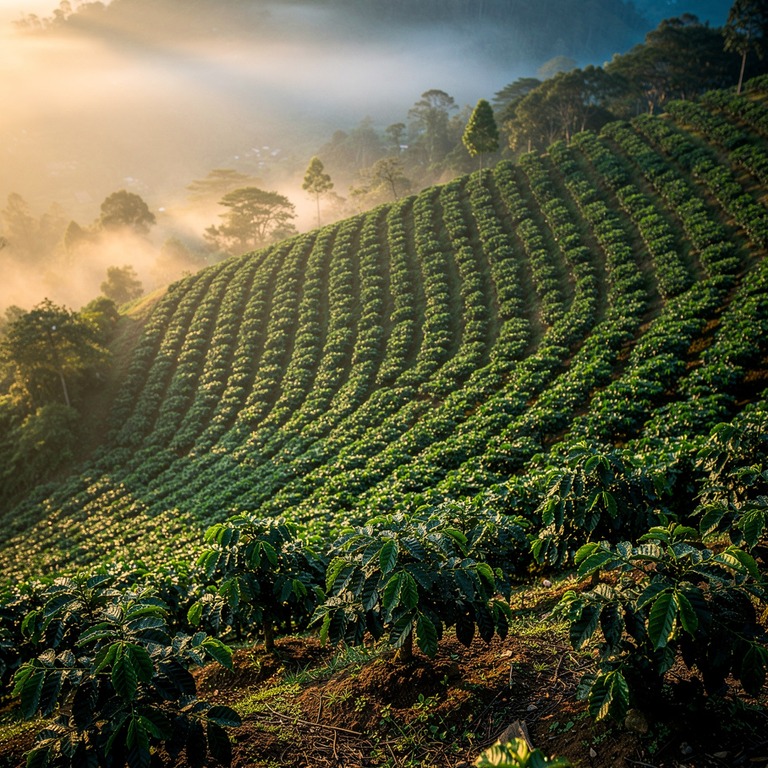 Coffee plantation hillside at dawn, mist between rows of pla... | ShopAyahuascaRetreats