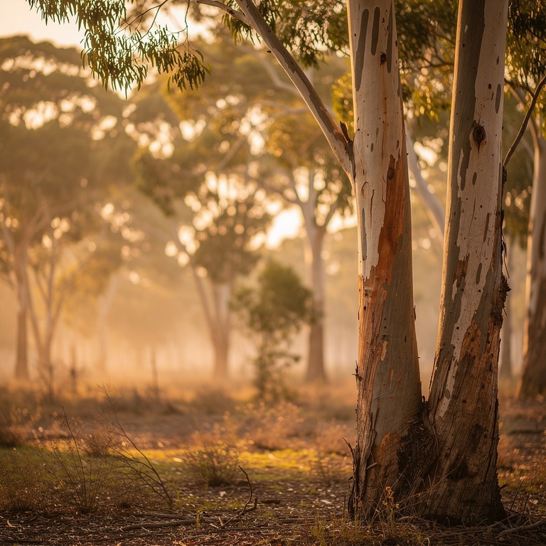 Eucalyptus grove at sunrise, peeling bark and silver leaves | ShopAyahuascaRetreats