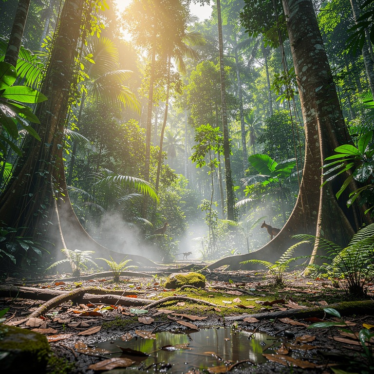 Jungle clearing after heavy rain, steam rising from leaf lit... | ShopAyahuascaRetreats