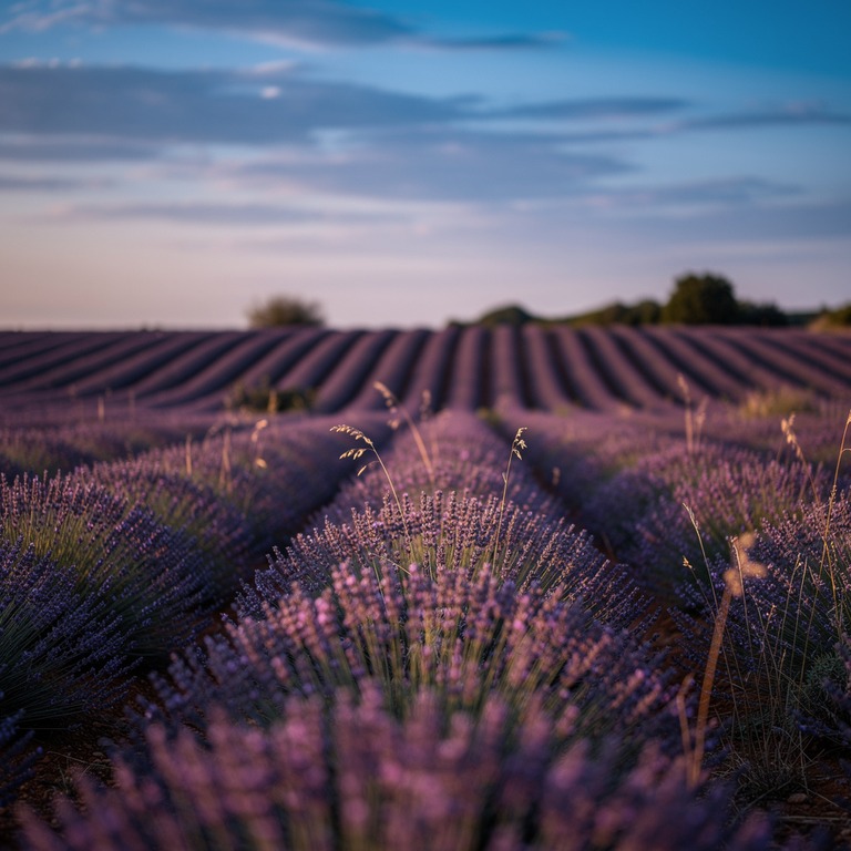 Lavender field at dusk, rows fading into soft purple haze | ShopAyahuascaRetreats