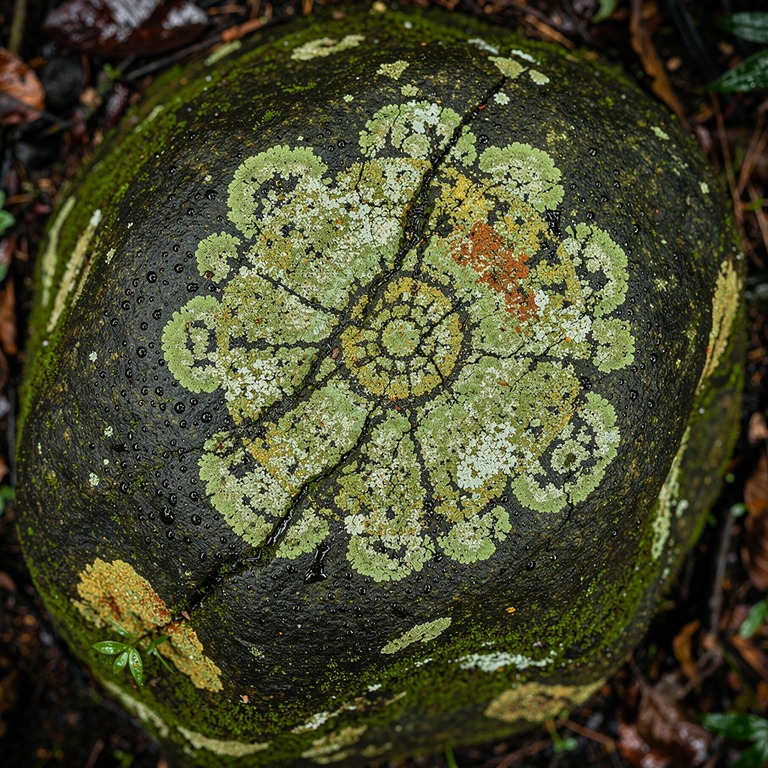 Lichen pattern on a wet rainforest boulder, abstract texture | ShopAyahuascaRetreats