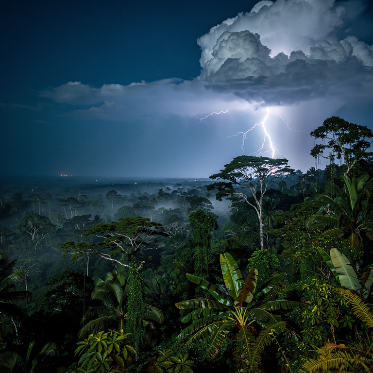 Lightning illuminating a stormy night sky above a jungle can... | ShopAyahuascaRetreats