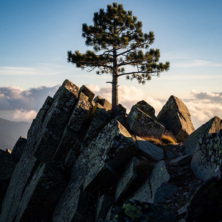 Lone pine tree silhouetted on a rocky mountain crest | ShopAyahuascaRetreats