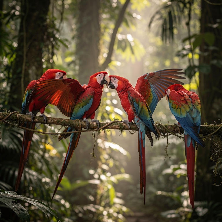 Macaws preening on a jungle vine, wings showing red and blue | ShopAyahuascaRetreats
