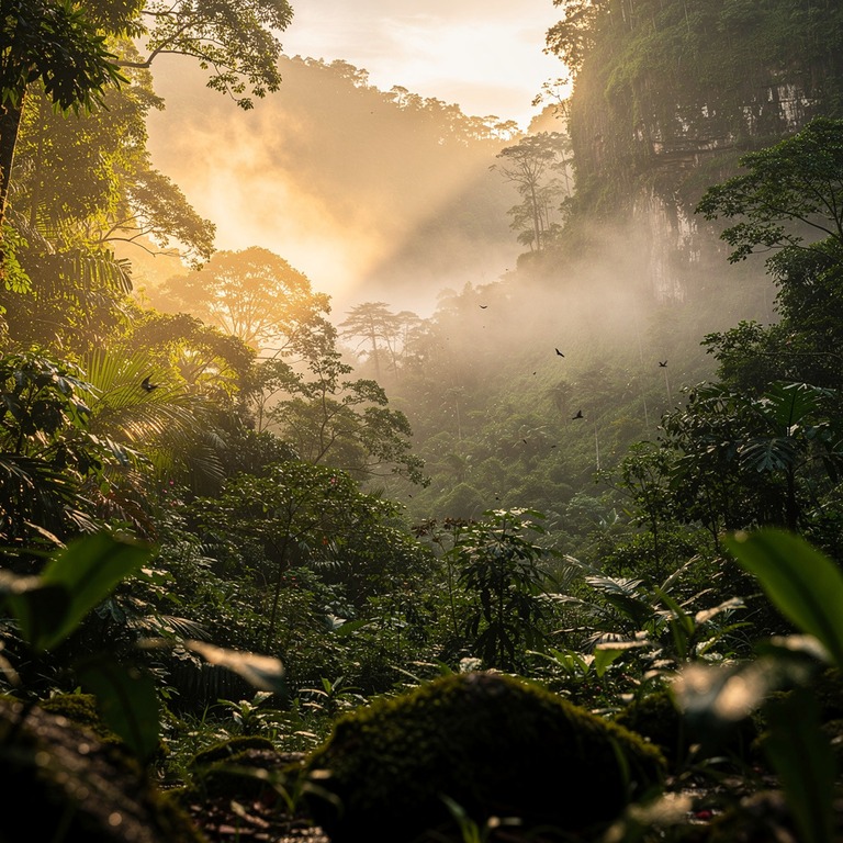 Mist hanging low over a tropical valley at sunrise | ShopAyahuascaRetreats