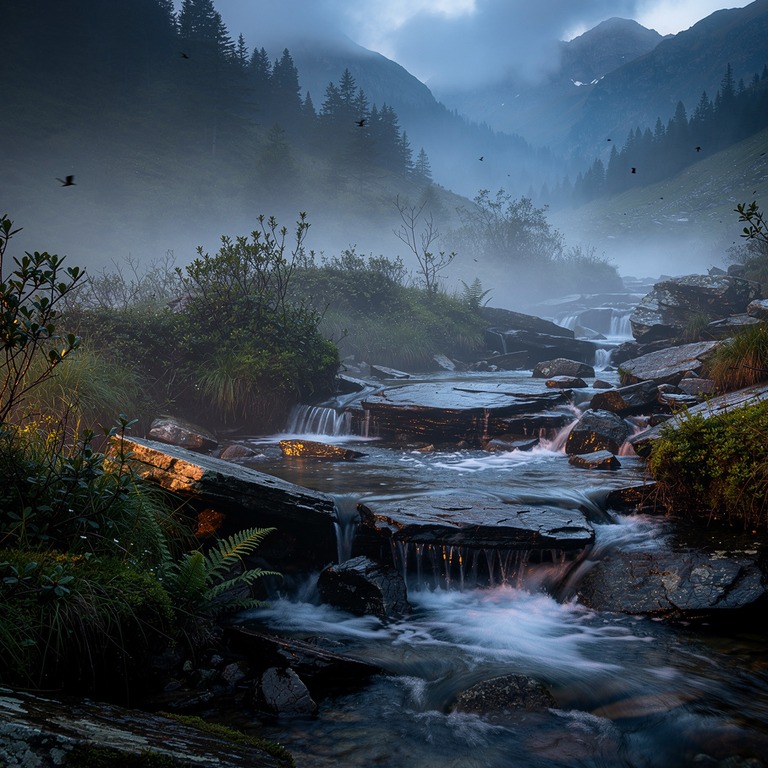 Misty mountain stream cascading over flat stones | ShopAyahuascaRetreats