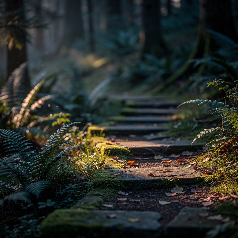 Mossy stone path winding through a fern-filled forest | ShopAyahuascaRetreats