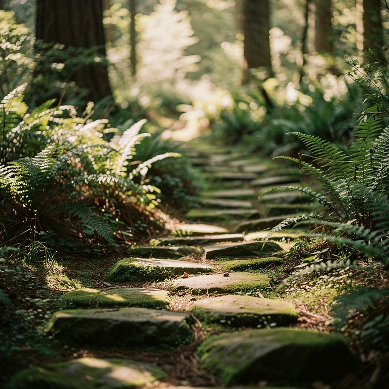Mossy stone path winding through a fern-filled forest | ShopAyahuascaRetreats