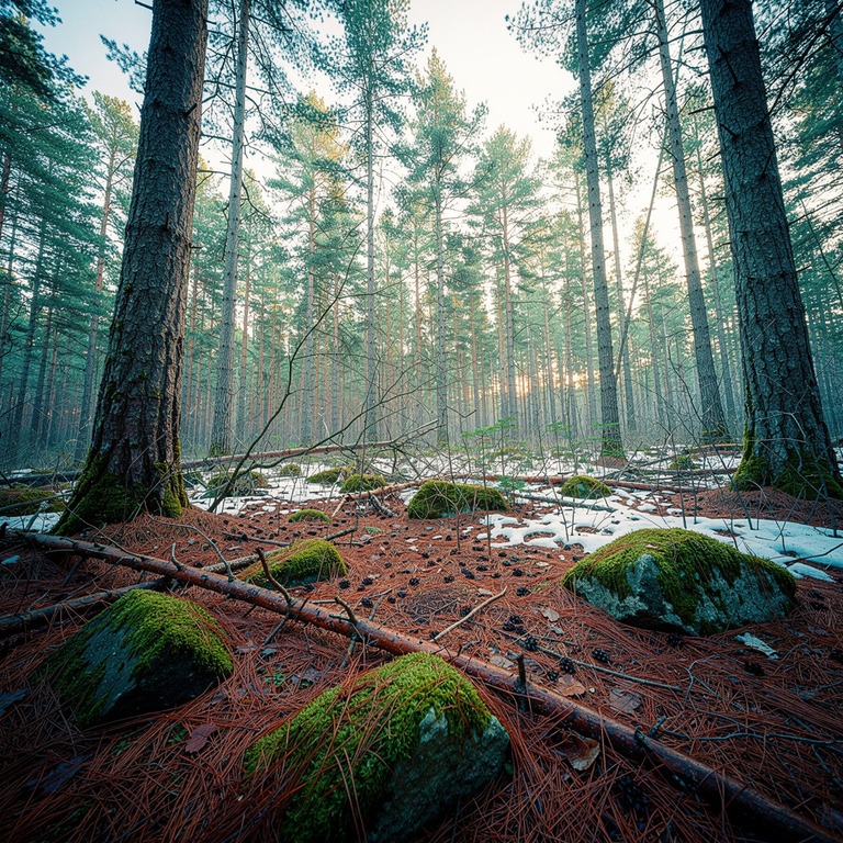 Pine forest with red-brown needle floor, soft afternoon ligh... | ShopAyahuascaRetreats