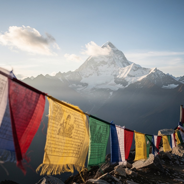 Prayer flags fluttering against a Himalayan peak | ShopAyahuascaRetreats