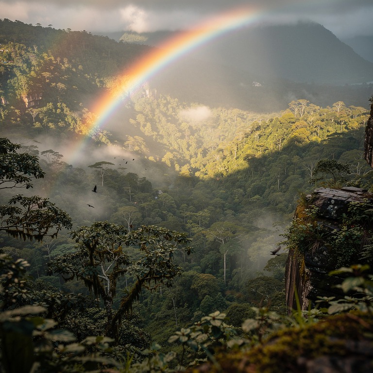 Rainbow arching over a misty rainforest valley after a storm | ShopAyahuascaRetreats