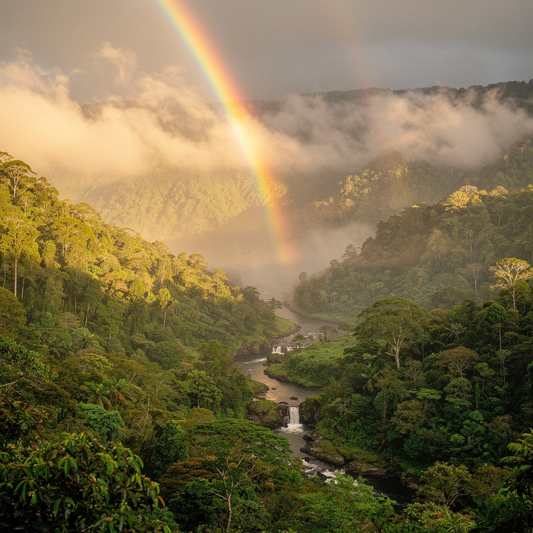 Rainbow arching over a misty rainforest valley after a storm | ShopAyahuascaRetreats