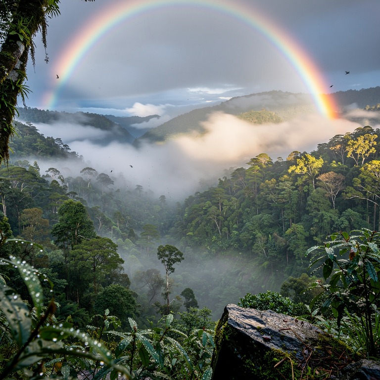 Rainbow arching over a misty rainforest valley after a storm | ShopAyahuascaRetreats