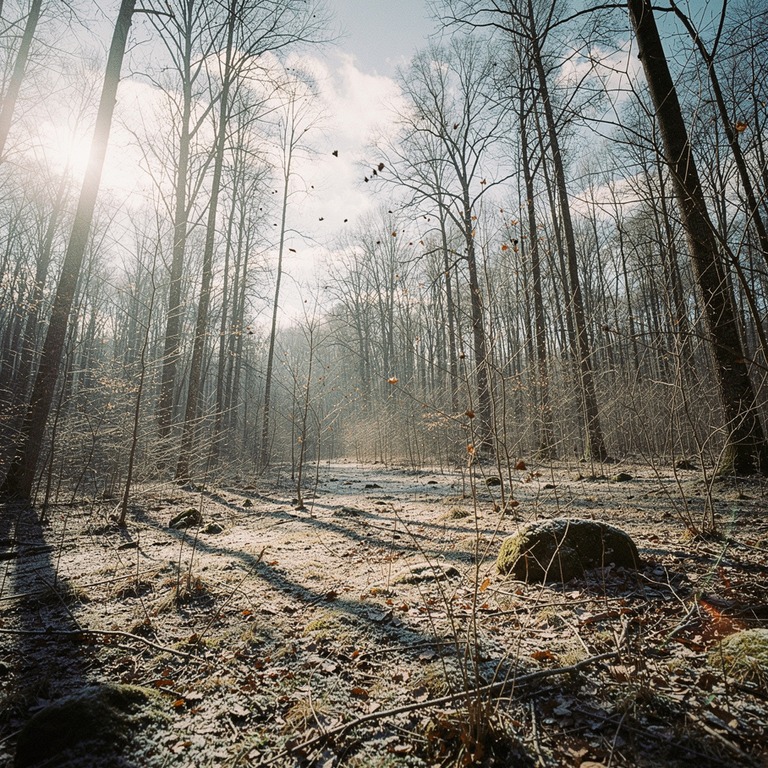 Rays of sunlight filter through a sparse, wintry forest, cas... | ShopAyahuascaRetreats