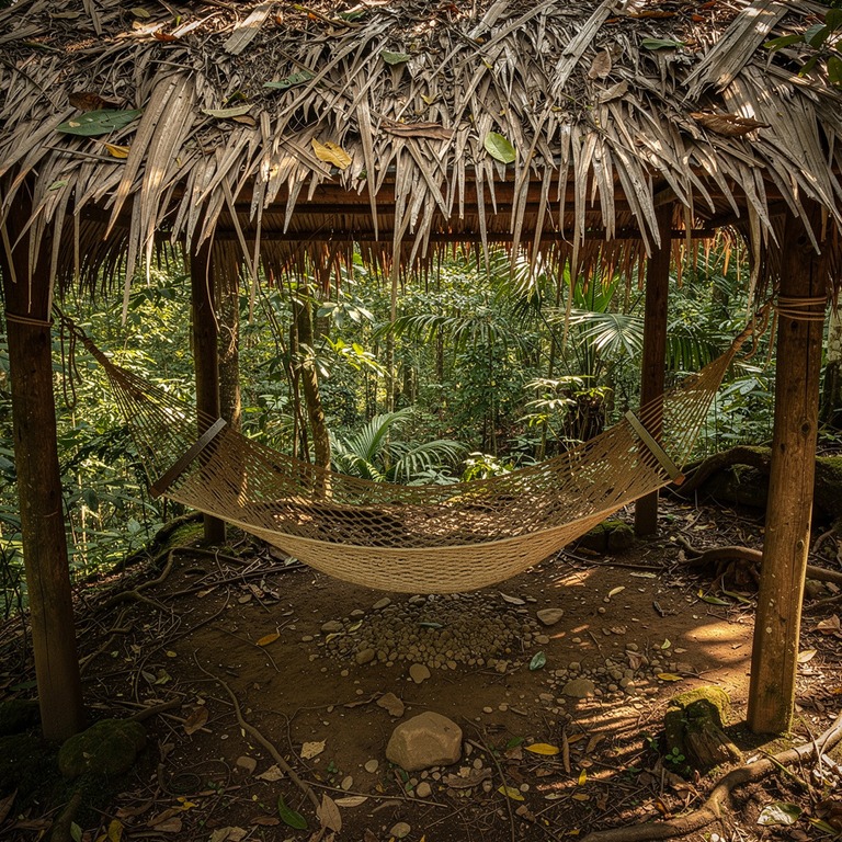 Simple hammock under a thatched palapa, jungle behind | ShopAyahuascaRetreats