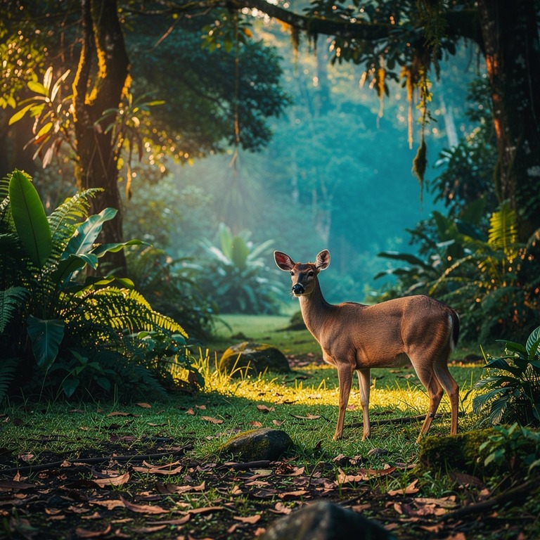 Single deer pausing in a forest clearing at dusk | ShopAyahuascaRetreats