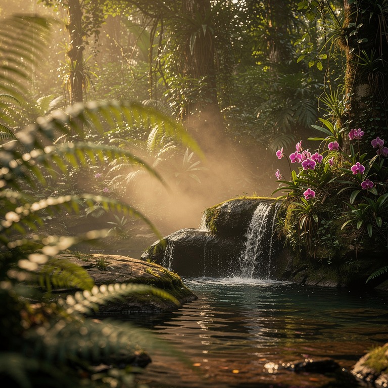 Small waterfall hidden in jungle, framed by ferns and orchid... | ShopAyahuascaRetreats