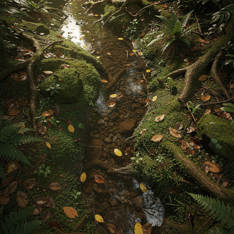 Stream curving through a moss-covered jungle floor | ShopAyahuascaRetreats