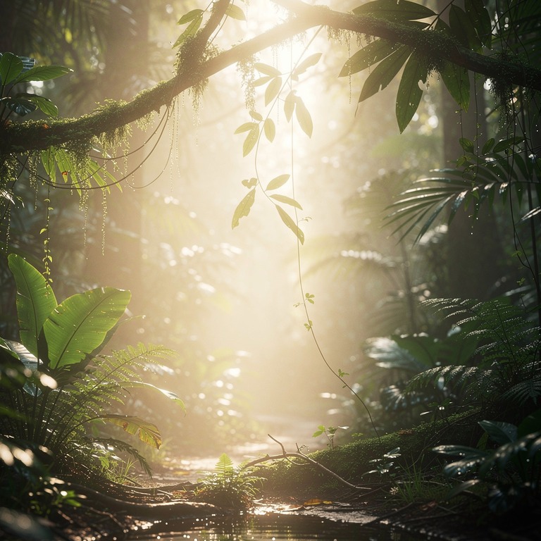 Sunbeam piercing through deep rainforest mist, layered green... | ShopAyahuascaRetreats
