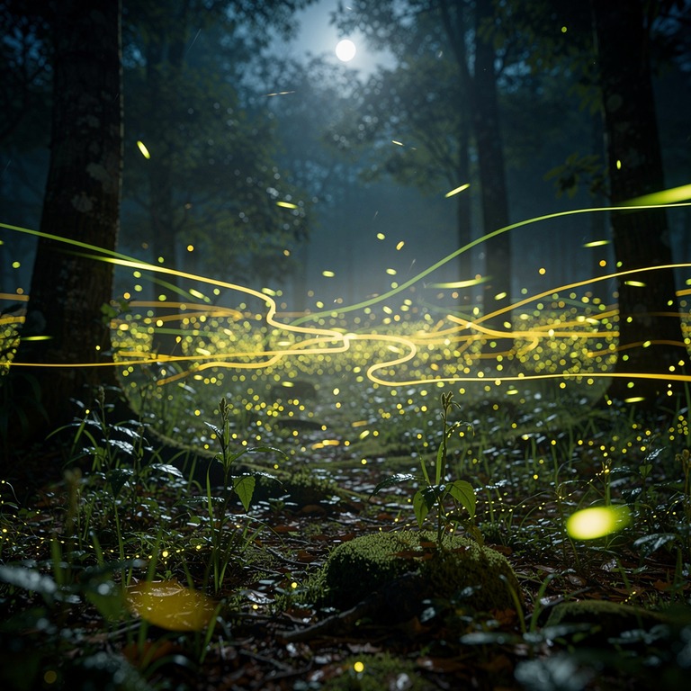 Swarm of fireflies in a dark forest clearing, long exposure | ShopAyahuascaRetreats