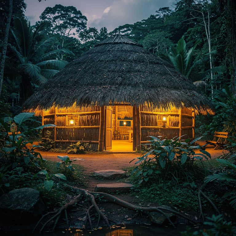 Traditional Amazonian maloca at dusk, warm lantern glow with... | ShopAyahuascaRetreats