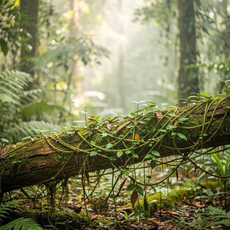 Vines tangled across a fallen tree trunk in deep rainforest | ShopAyahuascaRetreats
