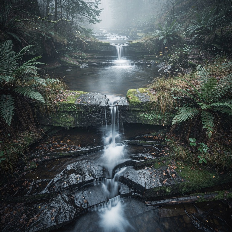 Waterfall cascading through ferns and moss-covered stones | ShopAyahuascaRetreats