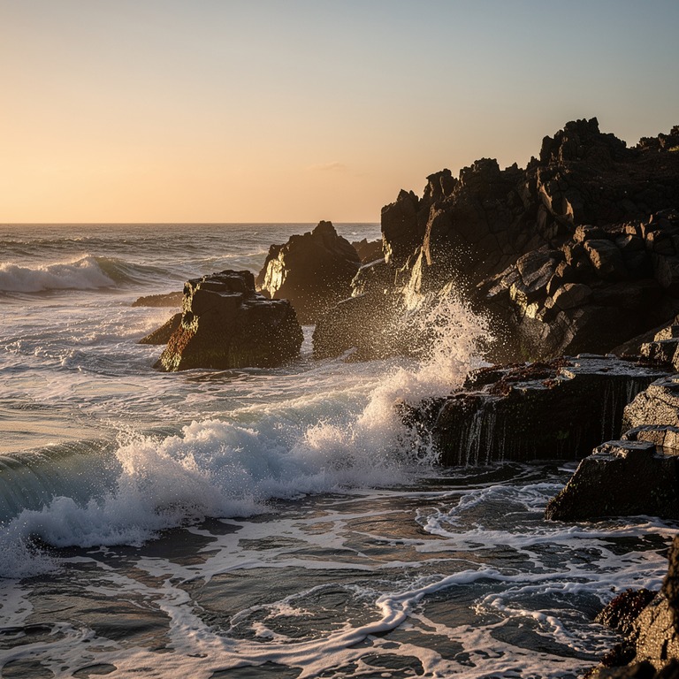 Waves breaking on dark volcanic rock at golden hour | ShopAyahuascaRetreats