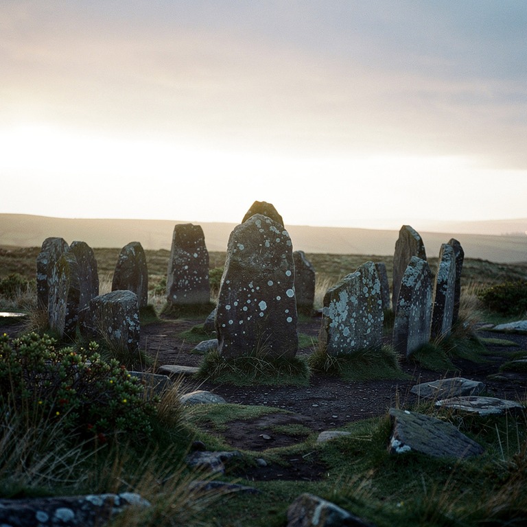 Weathered stone circle on a windswept moor at dusk | ShopAyahuascaRetreats