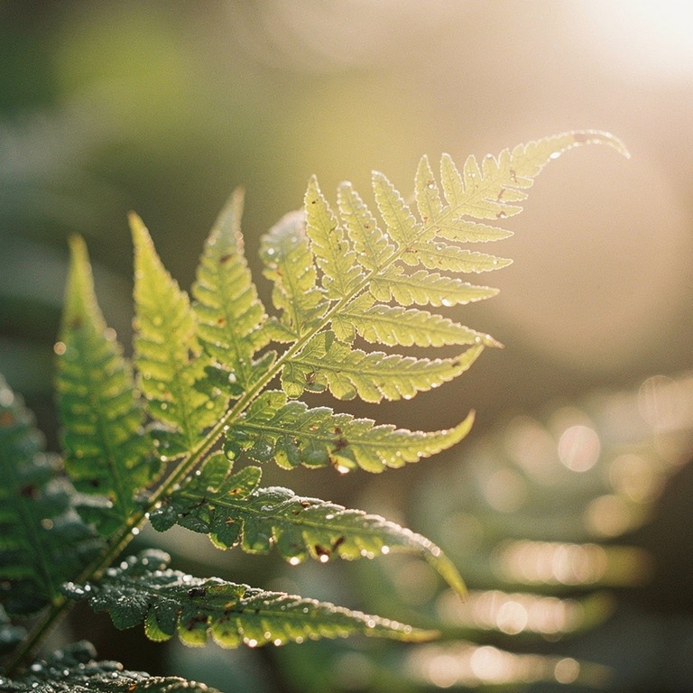 A close-up of a fern frond, backlit by warm sunlight, with w... | ShopAyahuascaRetreats