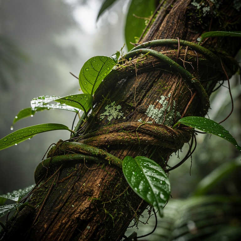 A close-up of ayahuasca vines entwined around a tree trunk, ... | ShopAyahuascaRetreats