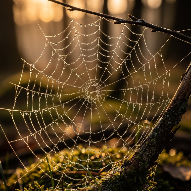 A delicate, dew-kissed spider web clings to a twig, backlit ... | ShopAyahuascaRetreats