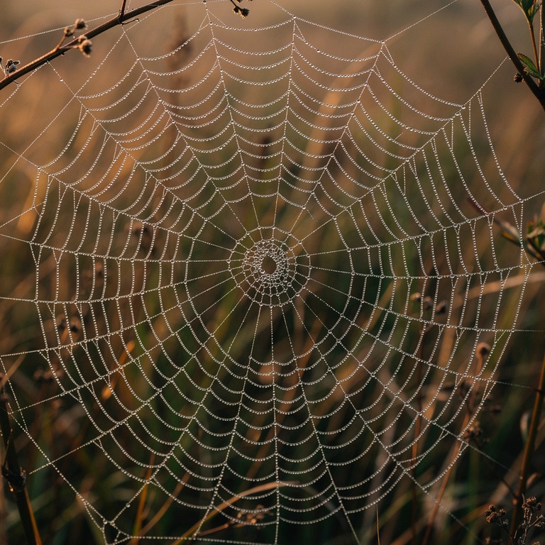 A delicate spider web glistens with dew in the early morning... | ShopAyahuascaRetreats