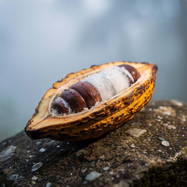 A detailed macro shot of a cacao pod, split open to reveal i... | ShopAyahuascaRetreats