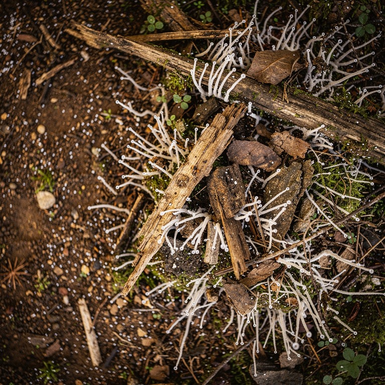 A detailed photograph of mycelium growing on decaying wood i... | ShopAyahuascaRetreats
