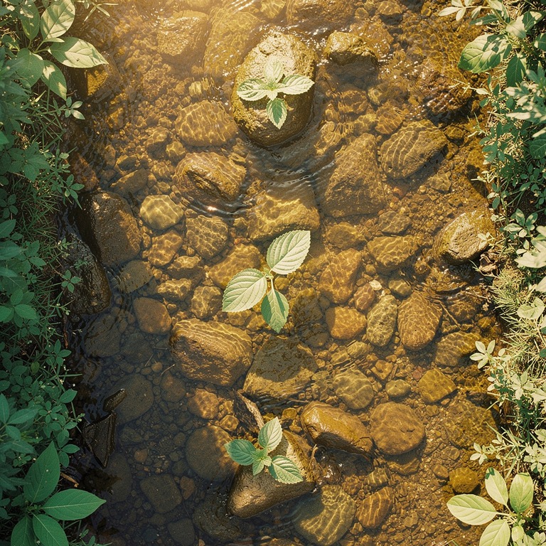 A gentle stream flows over smooth rocks, with a few leaves o... | ShopAyahuascaRetreats