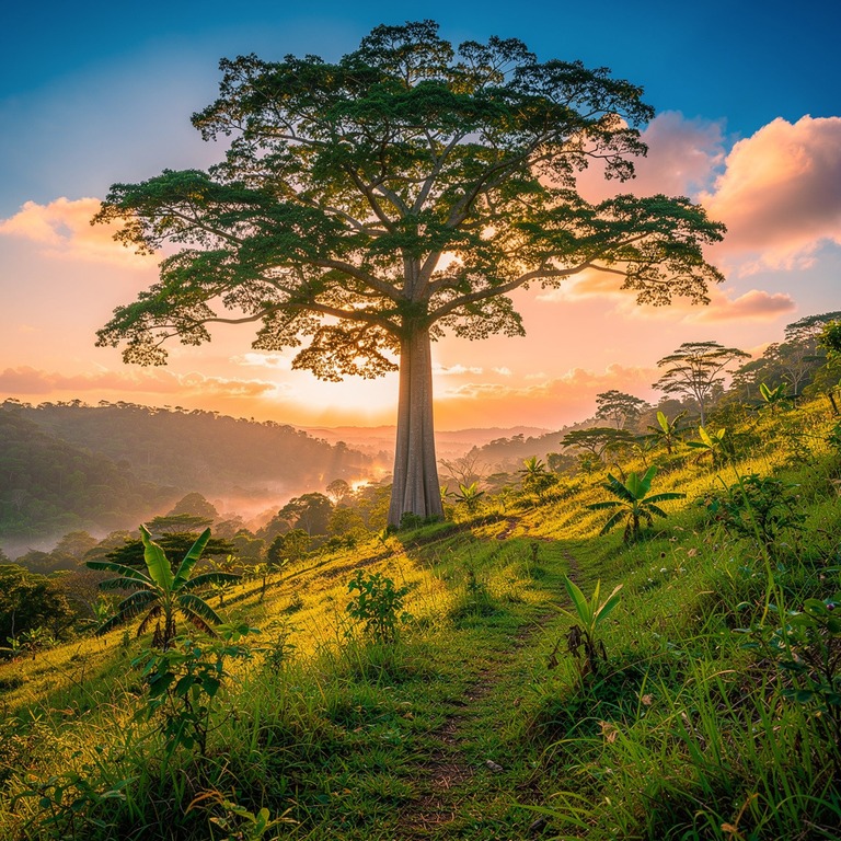A lone ceiba tree stands tall on a hillside at sunrise, its ... | ShopAyahuascaRetreats