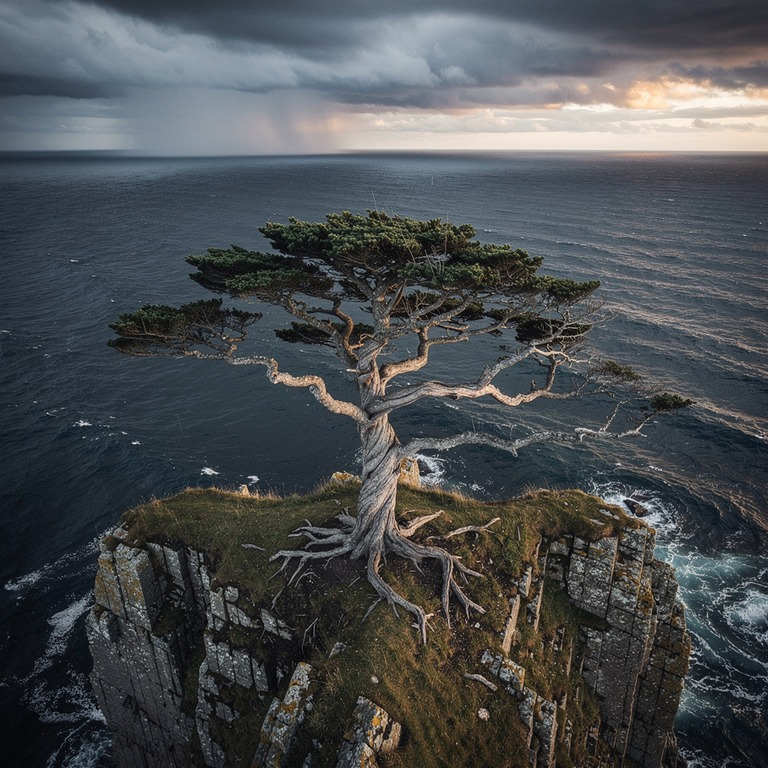 A majestic, ancient tree stands alone on a windswept cliff, ... | ShopAyahuascaRetreats