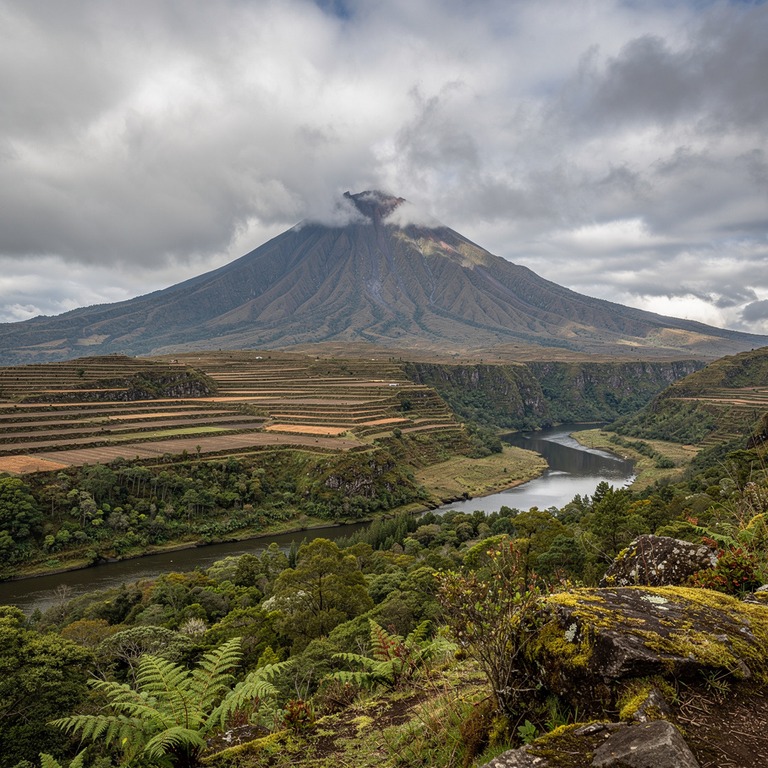 A majestic volcanic peak rising above a terraced landscape, ... | ShopAyahuascaRetreats
