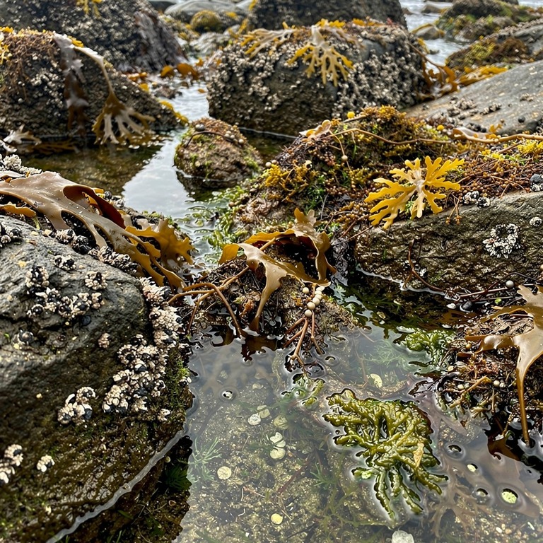 A rocky shoreline at low tide, with a variety of seaweeds an... | ShopAyahuascaRetreats