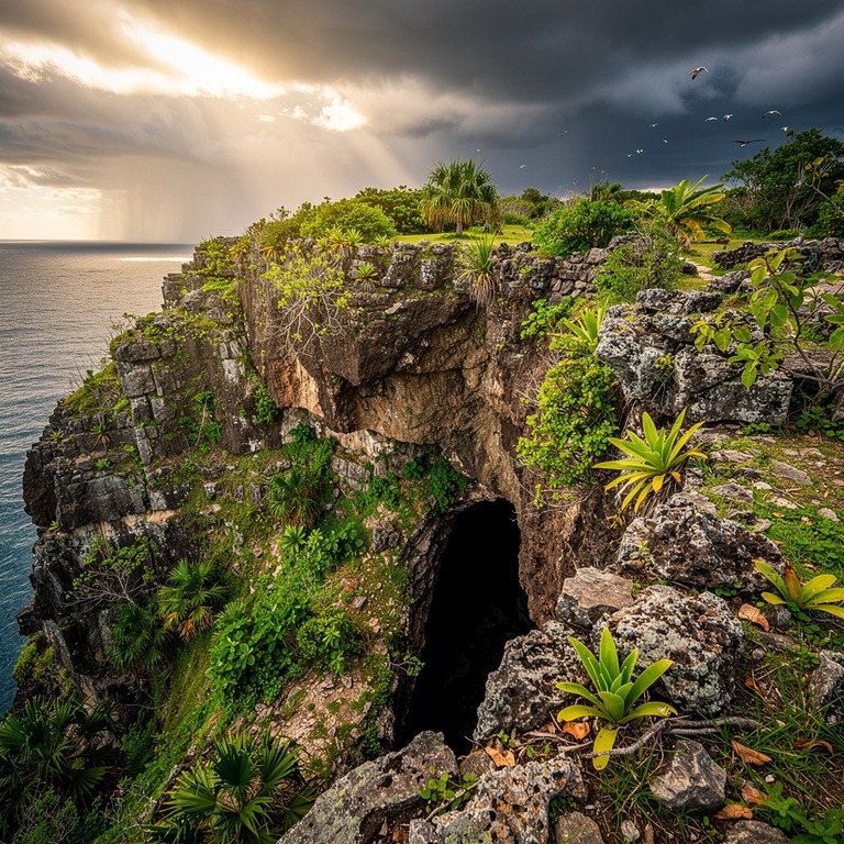 A rugged, rocky cliffside with a narrow cave entrance, set a... | ShopAyahuascaRetreats