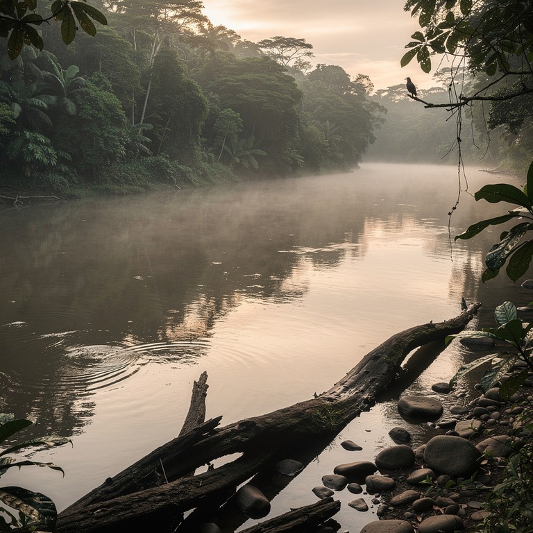 A serene Amazonian river at dawn, with a gentle mist rising ... | ShopAyahuascaRetreats