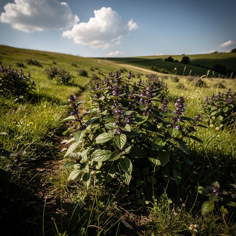 A serene landscape of a rolling green meadow dotted with hol... | ShopAyahuascaRetreats
