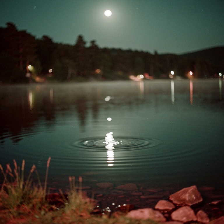A serene, moonlit lake with a few ripples disturbing its oth... | ShopAyahuascaRetreats