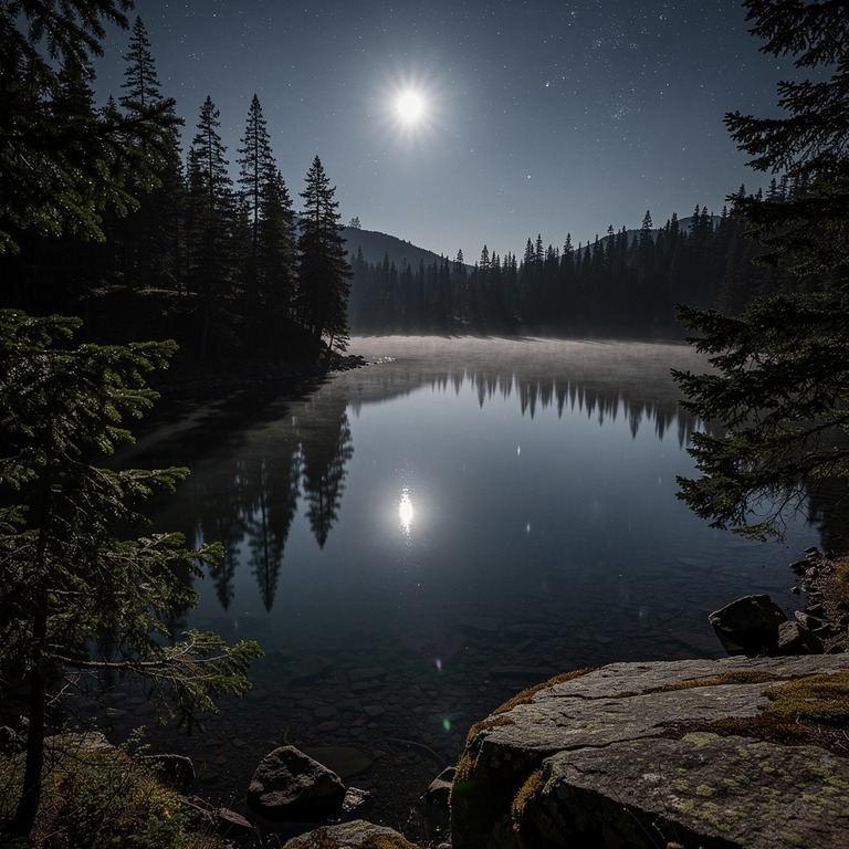 A serene, moonlit mountain lake, its surface reflecting the ... | ShopAyahuascaRetreats