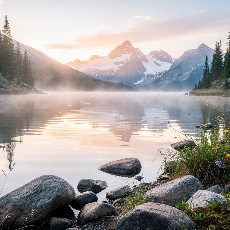 A serene mountain lake at dawn, with mist rising from the ca... | ShopAyahuascaRetreats