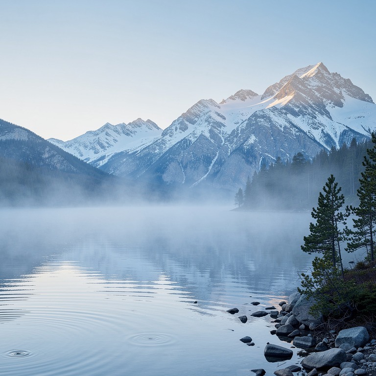 A serene mountain lake at dawn, with mist rising from the wa... | ShopAyahuascaRetreats