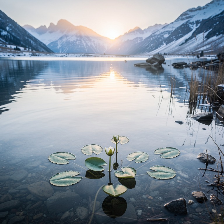 A serene mountain lake at sunrise, with a few water lilies f... | ShopAyahuascaRetreats
