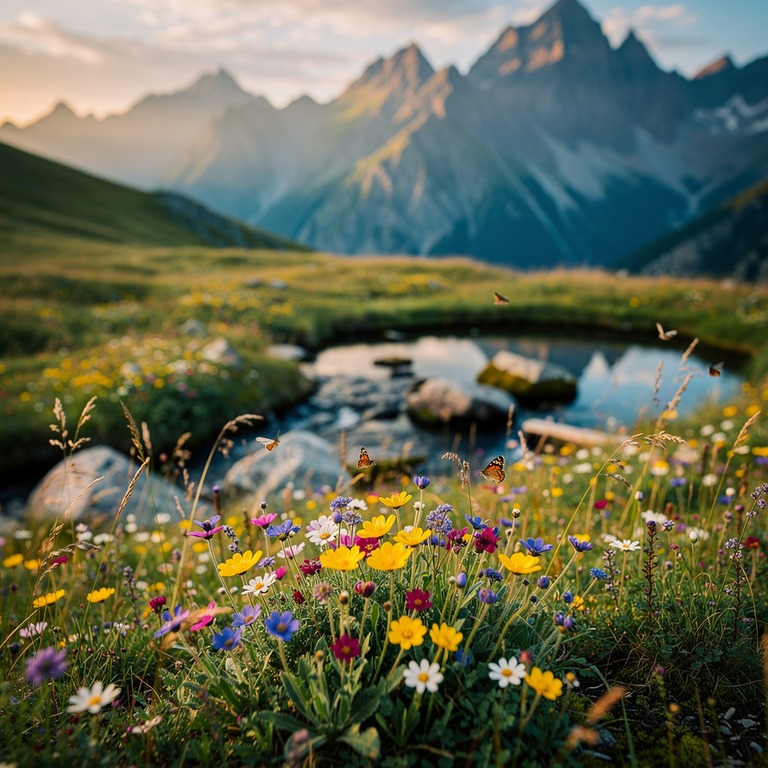 A serene mountain meadow with wildflowers swaying gently in ... | ShopAyahuascaRetreats